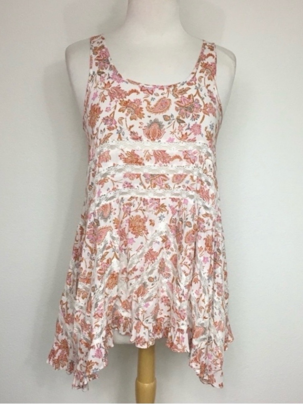 Free People Womens Orange Pink Paisley Lace Detail Tiered Tunic Tank Top XS Boho